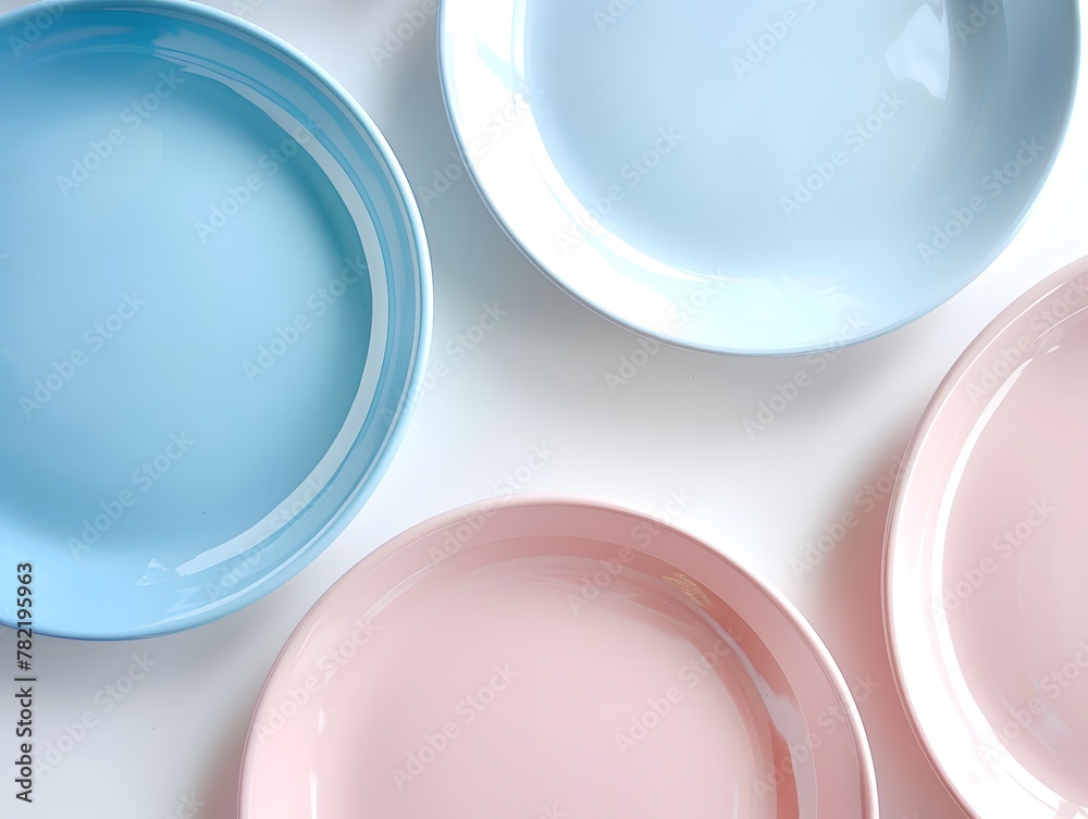Top view , Pink, Blue, and light Blue pastel coloured plates on white background 