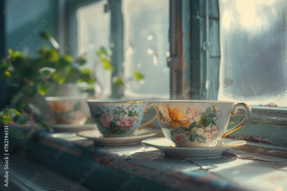 Two cups resting on a window sill, suitable for various concepts Two cups resting on a window sill, suitable for various concepts