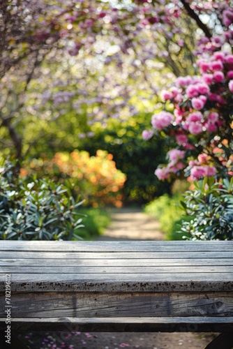 Wooden bench in a park with blooming flowers. Suitable for nature and relaxation concepts