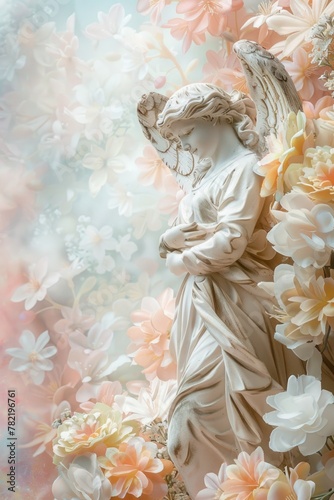 A serene angel statue surrounded by beautiful flowers. Ideal for memorial or spiritual themes