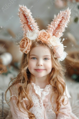 Sweet little girl with bunny ears and flowers in her hair. Perfect for Easter or spring-themed designs