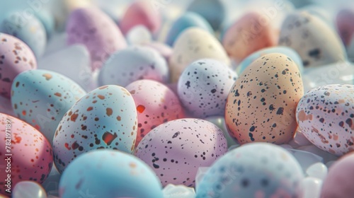 A pile of speckled eggs on a table, perfect for Easter and springtime themes