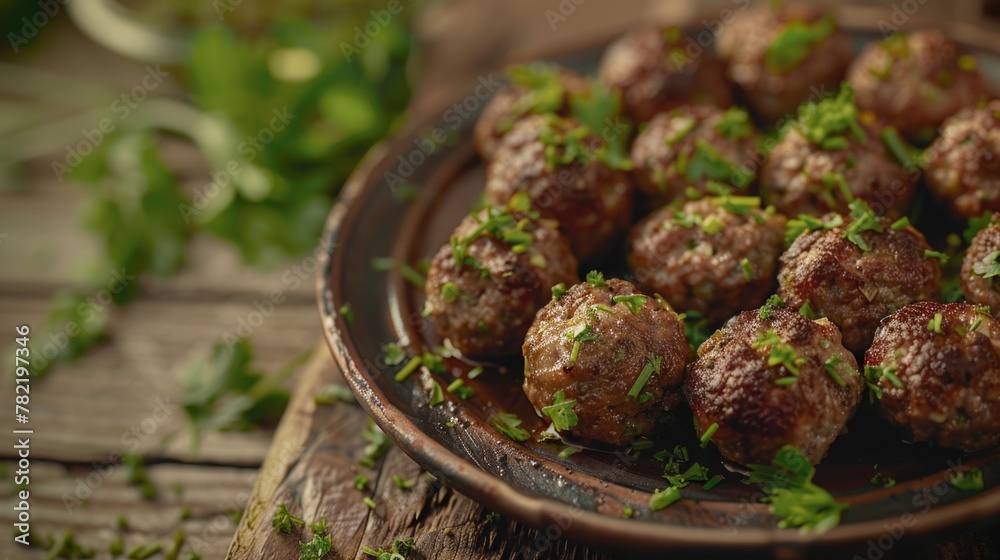 Plate of meatballs on a rustic wooden table, perfect for food and cooking concepts