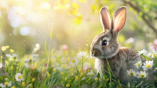 A cute rabbit sitting in a field of colorful flowers. Perfect for nature-themed designs
