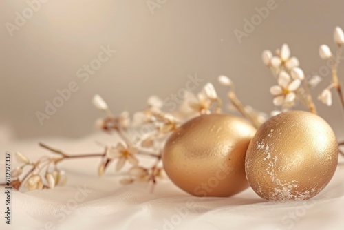 Two golden eggs on a white table  perfect for business concepts or financial themes