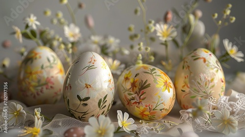 Colorful painted eggs displayed on a table. Ideal for Easter or spring-themed projects