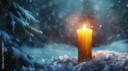 A lit candle in the snow in front of a pine tree. Perfect for winter and holiday themed designs