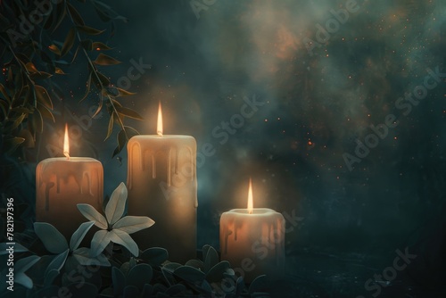 Three candles illuminating a dark room, suitable for relaxation or meditation concepts