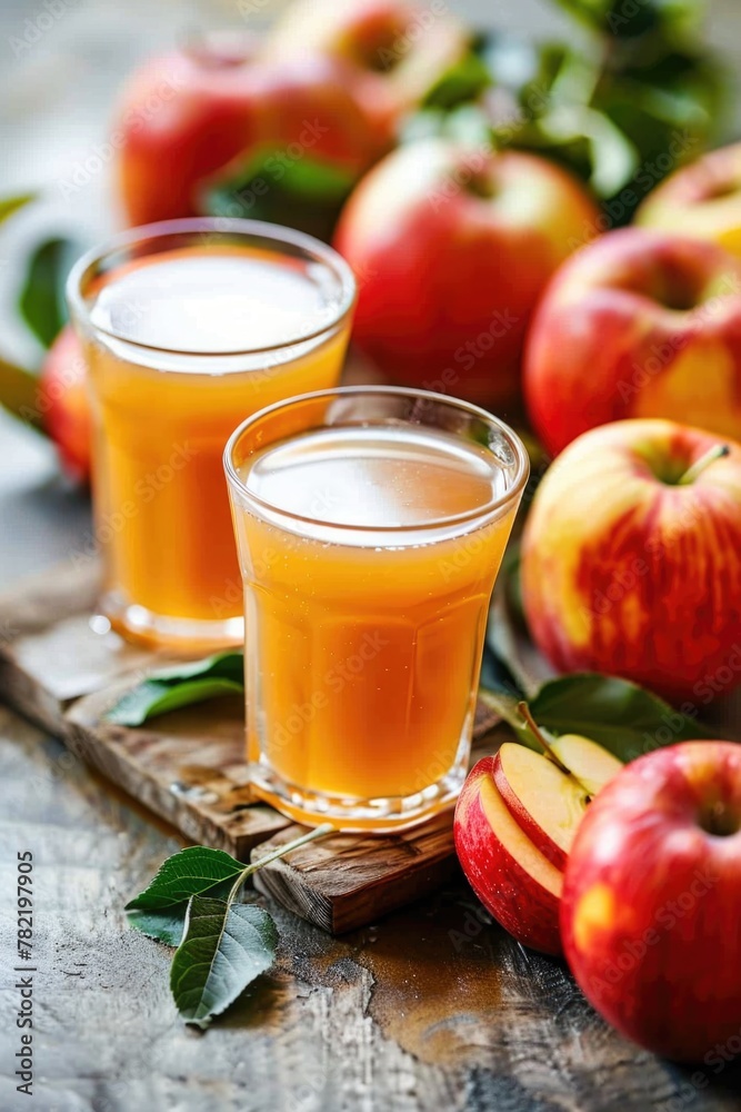 Two glasses of apple cider on a cutting board, perfect for food and beverage concepts Two glasses of apple cider on a cutting board, perfect for food and beverage concepts