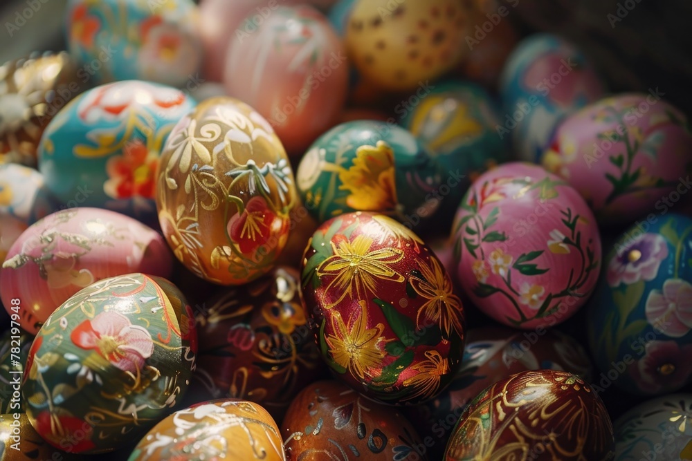 Colorful painted eggs displayed on a table, suitable for Easter themes Colorful painted eggs displayed on a table, suitable for Easter themes