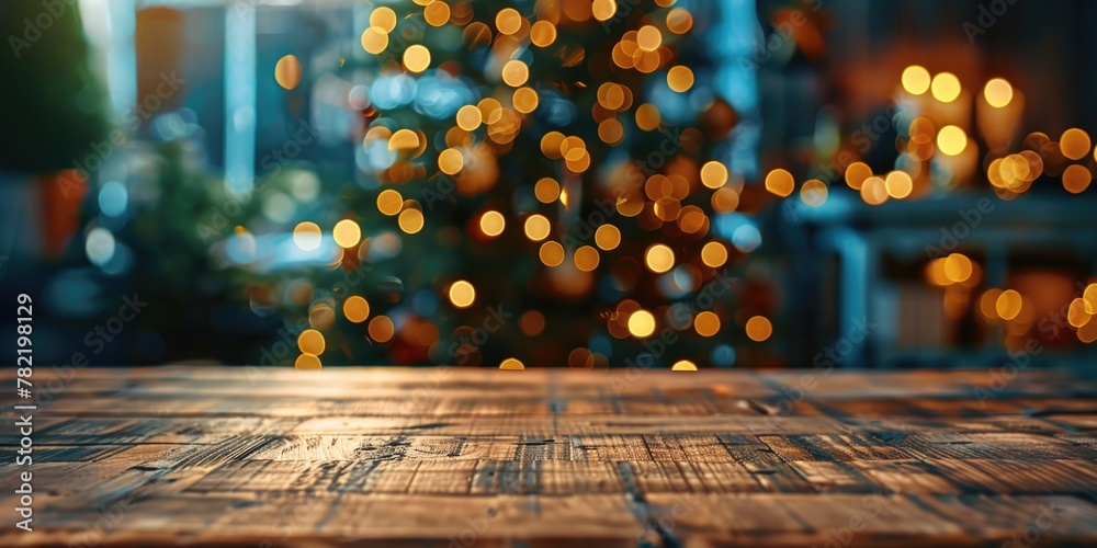 A festive Christmas tree on a rustic wooden table, perfect for holiday decorations A festive Christmas tree on a rustic wooden table, perfect for holiday decorations