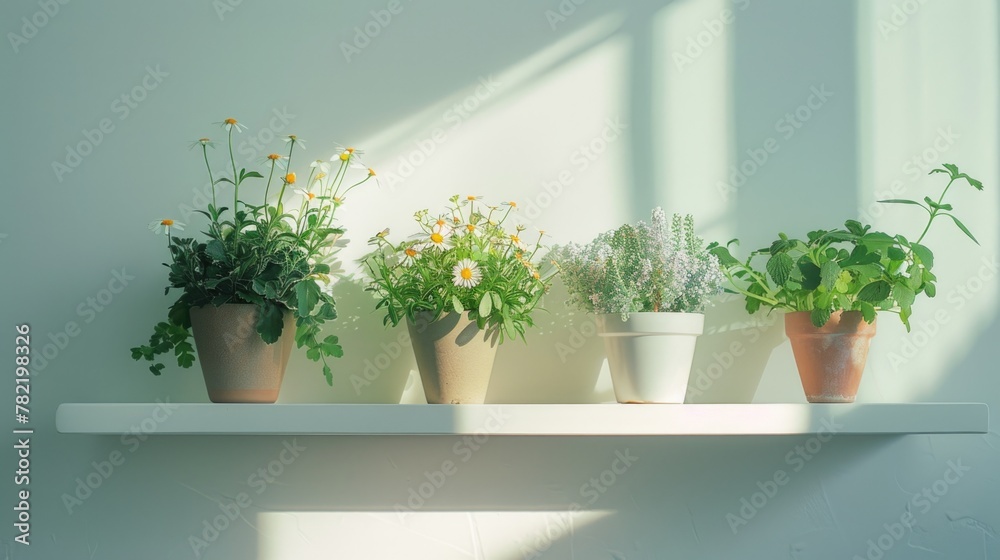 Fototapeta premium Row of potted plants on a shelf, suitable for home decor