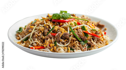 Authentic Pad Krapow Moo Saap Presentation on transparent background.