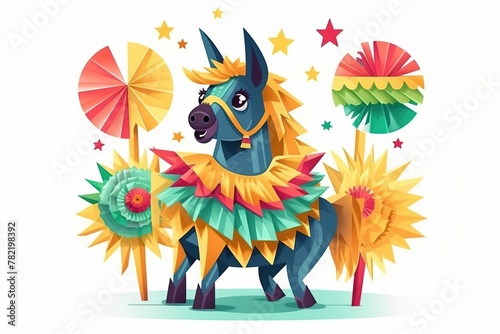 A colorful pinata horse, a cute llama on a white background. Long live Mexico, Independence Day, Cinco de Mayo. A colorful illustration of the Fiesta.