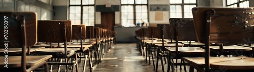 Empty classroom with rows of orange chairs and chalkboard. Vintage school photography