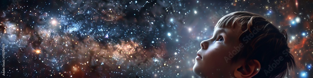 Child gazing at the mesmerizing cosmos. Imagination and astronomy concept Child gazing at the mesmerizing cosmos. Imagination and astronomy concept