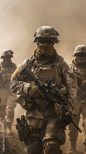 Military soldiers in formation on a dusty battlefield. Defense and armed forces concept © kilimanjaro 
