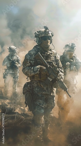 Military soldiers in formation on a dusty battlefield. Defense and armed forces concept