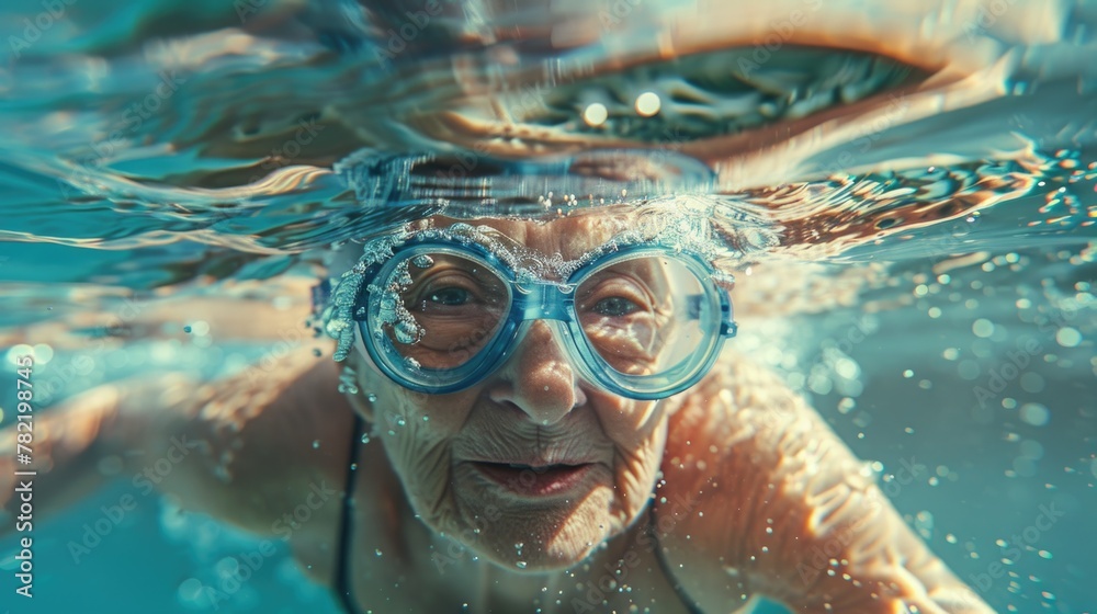 A woman wearing goggles swimming in a pool. Perfect for health and fitness concepts