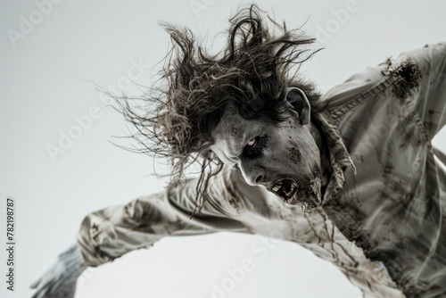 A man with long hair flying through the air. Suitable for dynamic and energetic designs