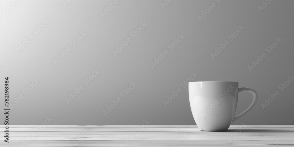 A simple white coffee cup on a wooden table, perfect for any coffee-related project