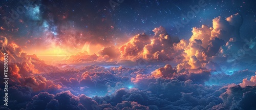 Fantasy fairy tale banner background of brilliant morning dawning blue cloudy sky with sparkling stars and mysterious clouds, clear air, tranquil idyllic harmonious beautiful environment.