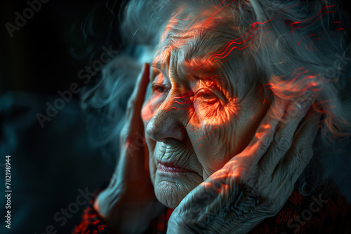 An aged lady suffering from migraine, captured in a moment of distress, abstract red zigzags indicating intense pain, emotional realism. 