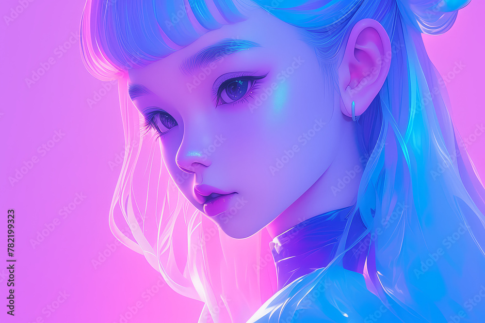 Colorful vector illustration of anime girl. Profile image of beautiful gorgeous supermodel in abstract and minimal style. AI Generative. 