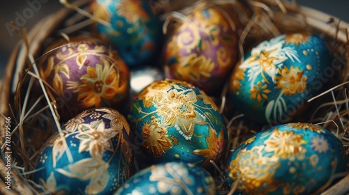 A basket filled with blue and gold decorated eggs. Perfect for Easter or spring-themed designs