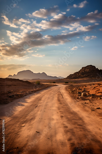 Golden hour splendor: A serene journey down a desert road amidst nature's beauty