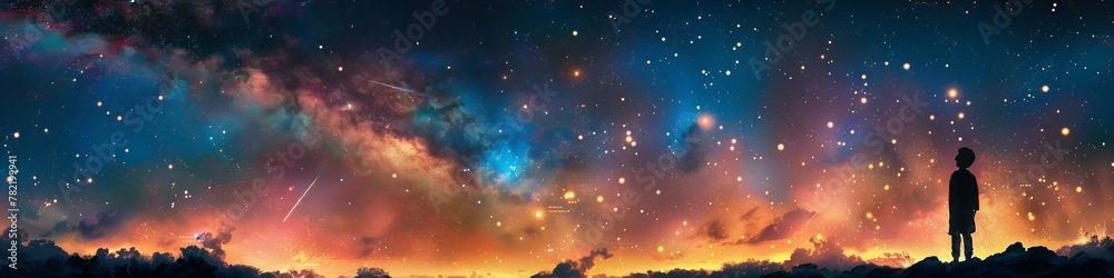 Child gazing at the mesmerizing cosmos. Imagination and astronomy concept Child gazing at the mesmerizing cosmos. Imagination and astronomy concept