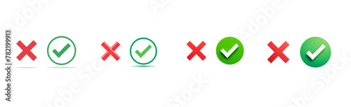 Green check mark, red cross mark icon set. Isolated tick symbols, checklist signs, approval  on transparent background