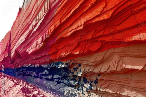Abstract wavy folds with a rich palette of reds, purples, and blues in a dynamic arrangement.