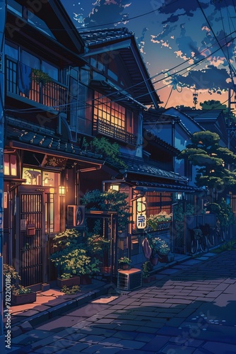 Digital painting of a traditional Japanese street at dusk. Cultural heritage and travel concept