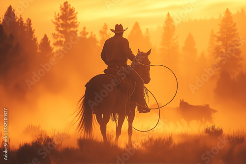 Misty Morning Cowboy Silhouette with Lasso