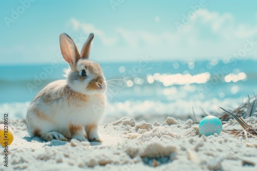 A rabbit sitting on a beach next to an egg. Perfect for Easter themed designs photo