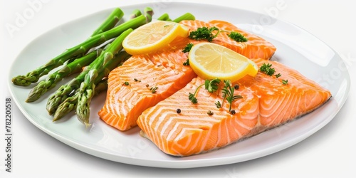 A white plate with fresh salmon and asparagus. Ideal for food blogs and restaurant menus