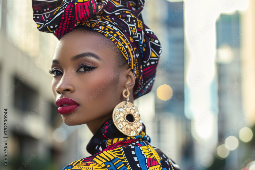 Beautiful african american woman in traditional clothes posing in the city
