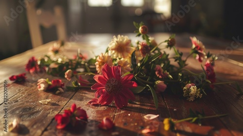 Colorful flowers arranged on a rustic wooden table. Suitable for various occasions and events