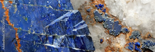Rough mineral surface with striking veins of blue and orange crystals embedded in stone.