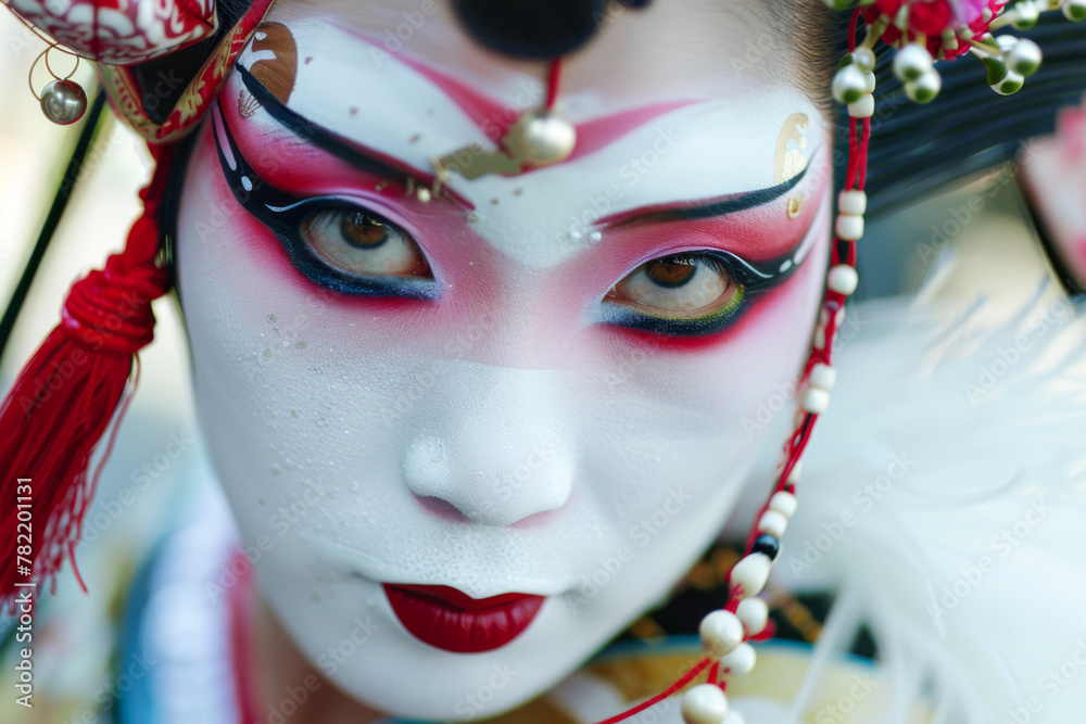 Close up of a beautiful Chinese woman wearing traditional costume and makeup
