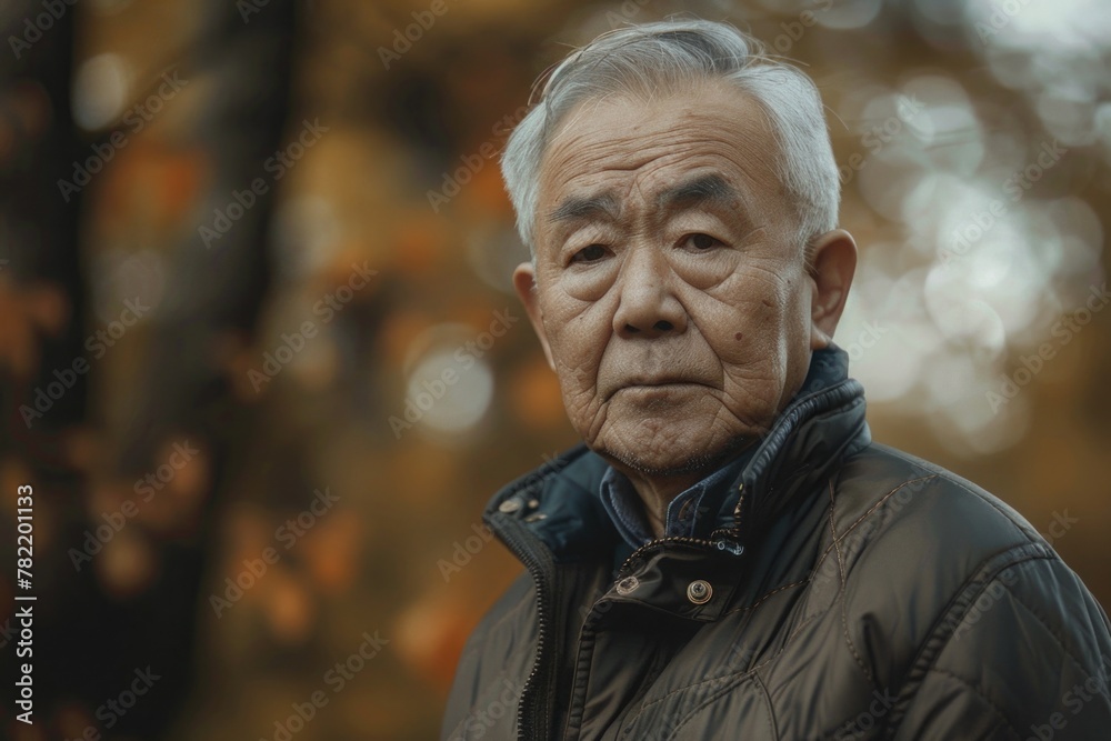 A man in a black jacket standing in front of trees. Suitable for outdoor, fashion or nature concepts A man in a black jacket standing in front of trees. Suitable for outdoor, fashion or nature concepts