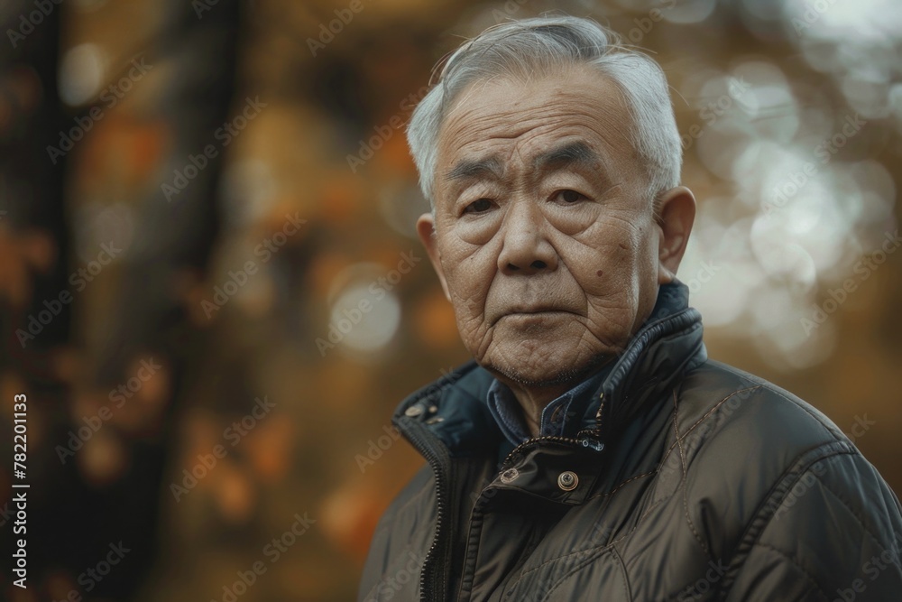 A man in a black jacket standing in front of trees. Suitable for outdoor, fashion or nature concepts