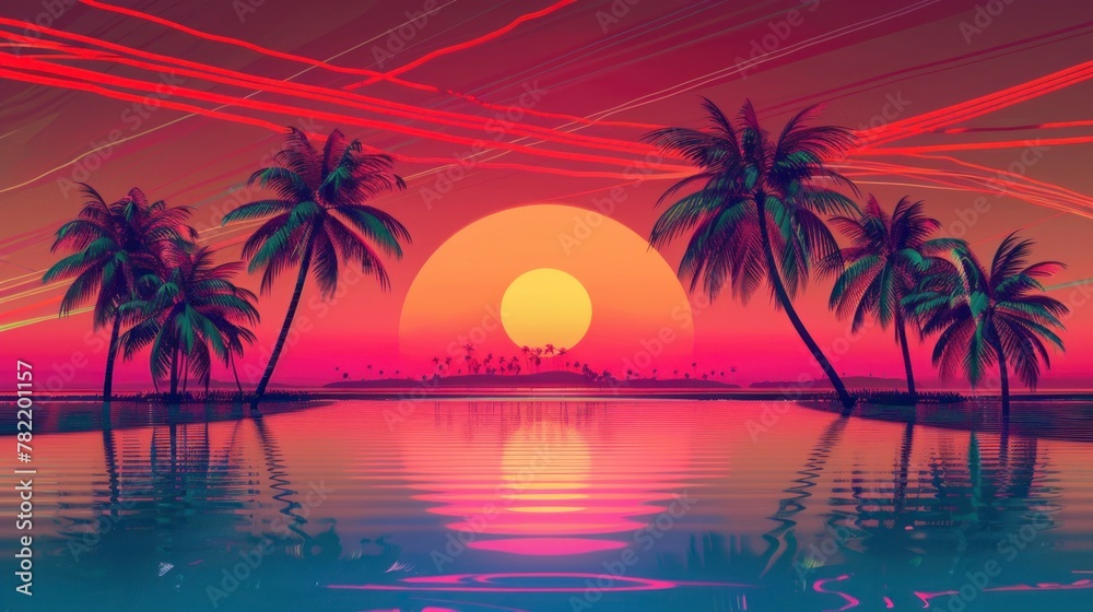 beautiful retro neon sunrise with a big sun and palm trees with a big lake with reflection in high resolution and quality