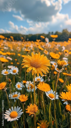 A field of yellow and white flowers with a blue sky in the background