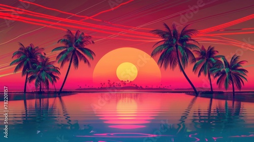 beautiful retro neon sunrise with a big sun and palm trees with a big lake with reflection in high resolution and quality © Marco