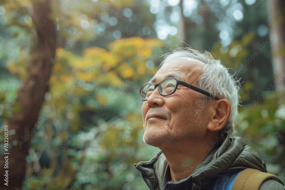 A man with glasses and a backpack looking up. Suitable for educational or travel themes A man with glasses and a backpack looking up. Suitable for educational or travel themes