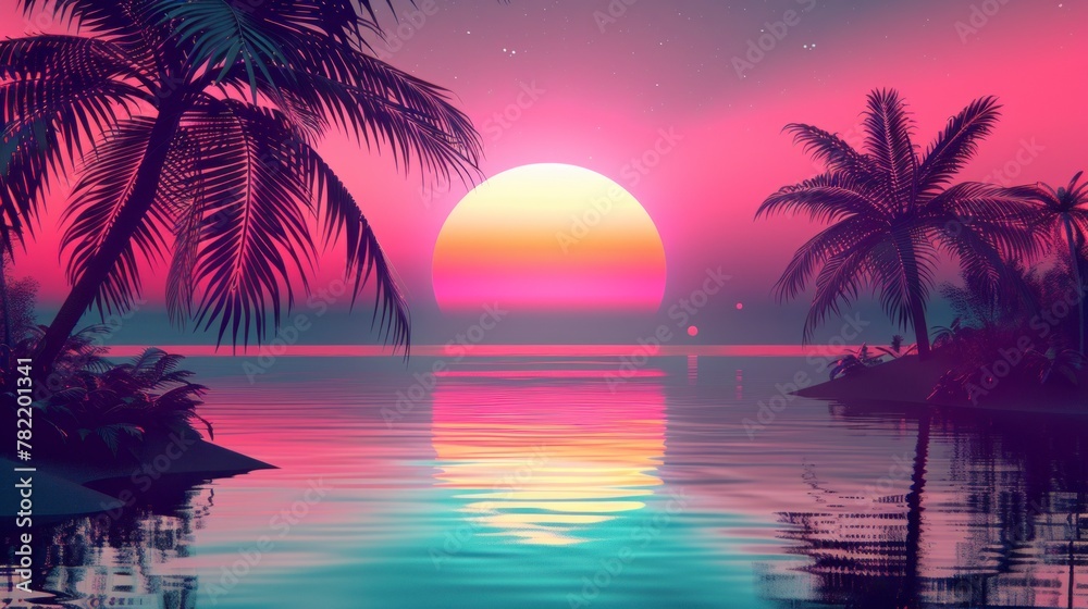 beautiful retro neon sunrise with a big sun and palm trees with a big lake with reflection in high resolution and high quality