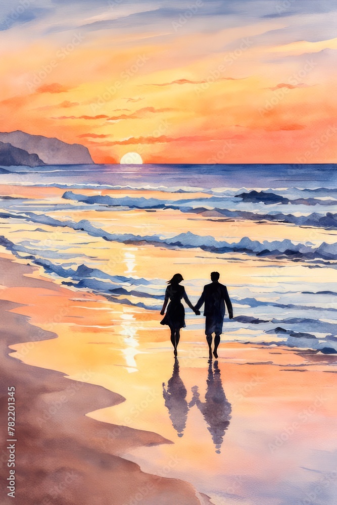 A romantic sunset scene with silhouetted couple walking hand in hand, along sandy beach, nature landscape, love relationship, living life holidays