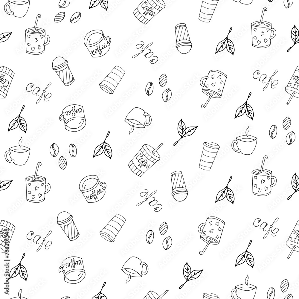 Naklejka premium Handmade vector illustration for cafe design. Seamless pattern of glassware, cakes, coffee. Doodle style.